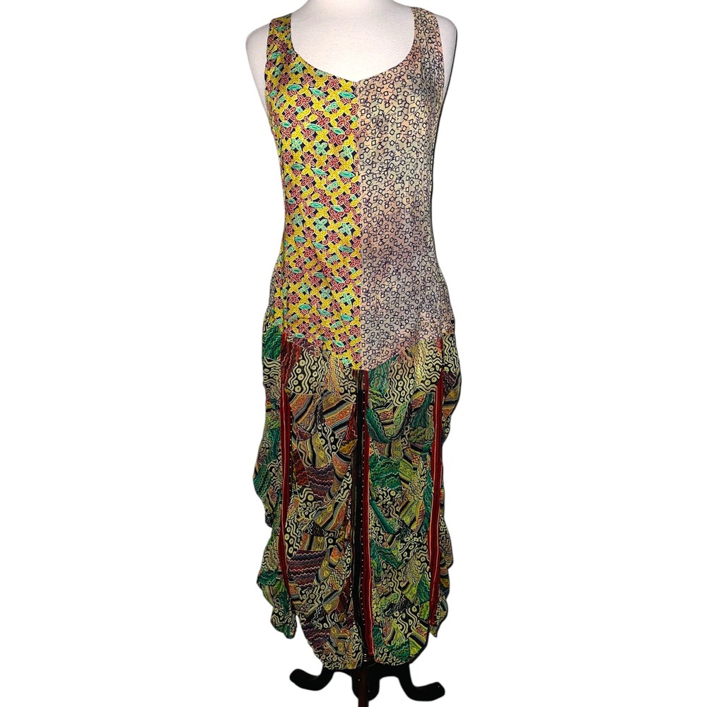 WB5 URU Vtg Hand Dyed‎ Rayon Dress Unique Patchwork Print Boho Festival Dress